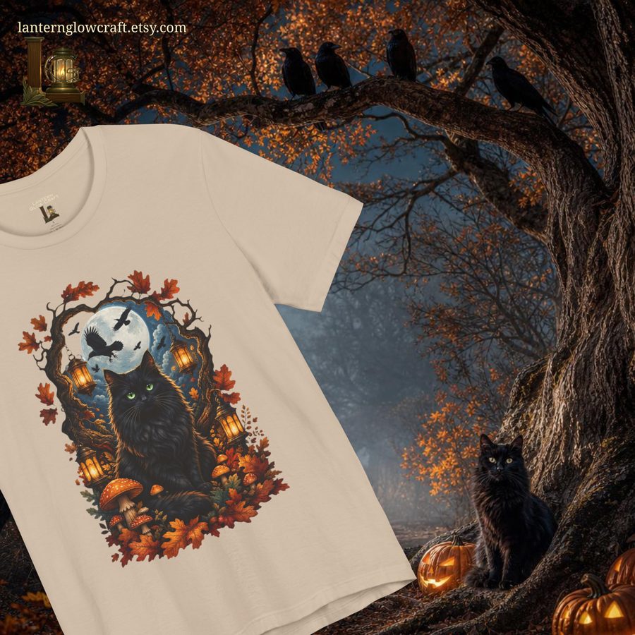 Black cat and ravens autumn tee sample product photo