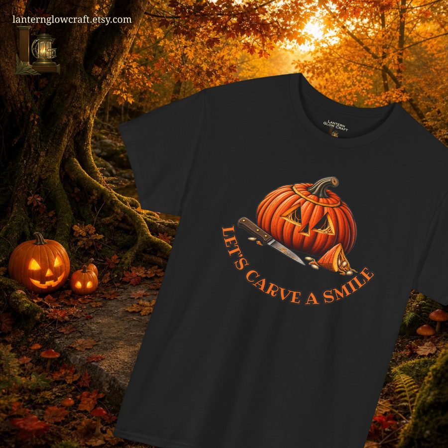 Let’s Carve a Smile pumpkin tee sample product photo