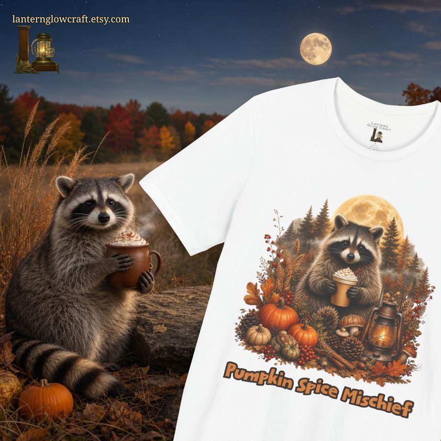 Pumpkin Spice Mischief raccoon tee sample product photo