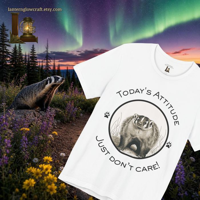 Today's Attitude tee in White with a badger under the northern lights